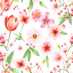 Seamless floral pattern with pink flowers on a white background, seamless pattern with flowers, wallpaper and packaging. valentine decoration, illustration, vector,