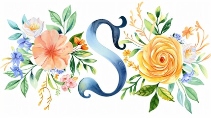 Elegant Monogram Letter with Watercolor Flowers and Leaf Design