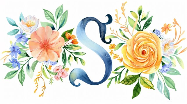 Elegant Monogram Letter with Watercolor Flowers and Leaf Design