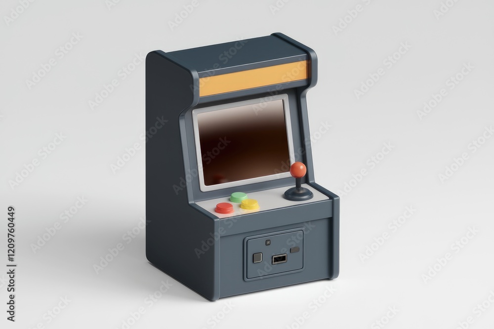 Poster A miniature 3D model of a classic arcade game console, featuring a joystick and buttons.