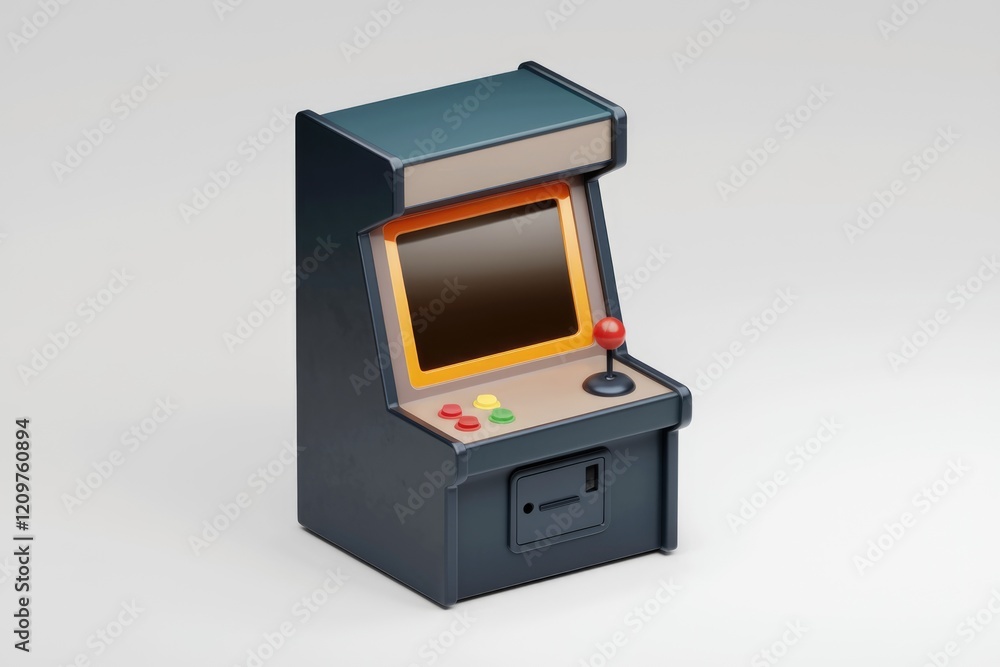 Poster a classic arcade game cabinet, nostalgic and retro, with a joystick and buttons.