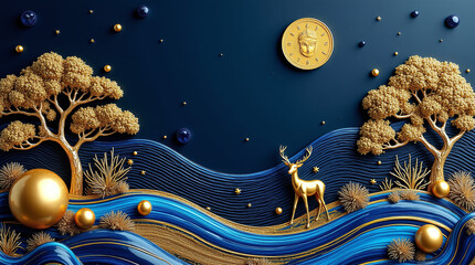 Golden trees, blue river, gold deer, golden coin, scattered gold-blue objects.