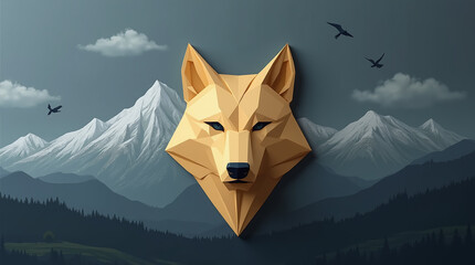 Geometric wolf sculpture, mountainous background, birds flying in the sky.