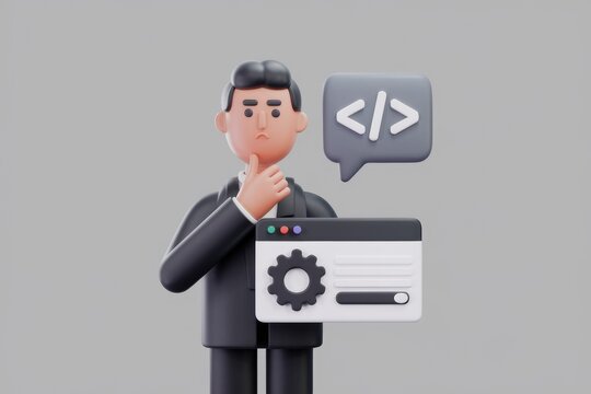 A 3D cartoon businessman contemplates website coding and development, pondering technical solutions.