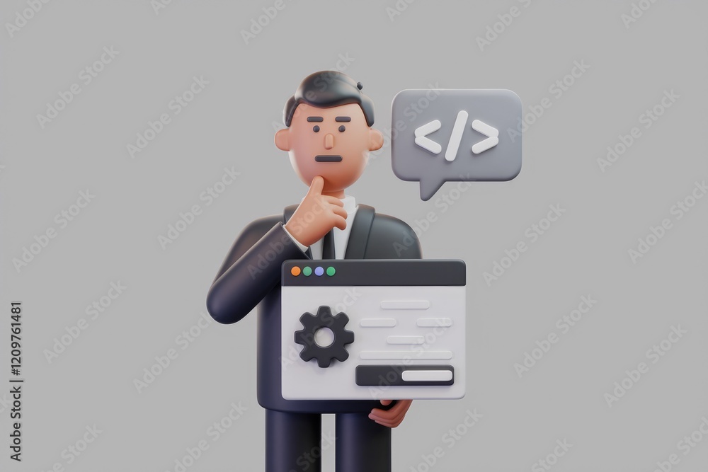 Aufkleber a 3d cartoon businessman contemplates web development code and website settings.