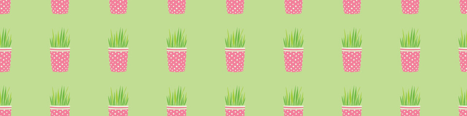 Vector seamless pattern of flower pots with decorative grass, plant. Cute texture in cartoon flat style, isolated. Home decoration theme