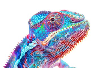 A surreal image of a chameleon with kaleidoscope-shaped shades.blank templated, rule of thirds, space for text, isolated white background neon light, extreme right, rule of third