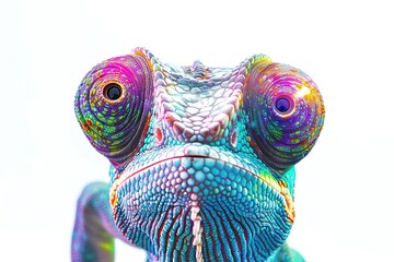 Obraz premium A surreal image of a chameleon with kaleidoscope-shaped shades.blank templated, rule of thirds, space for text, isolated white background neon light, extreme right, rule of third