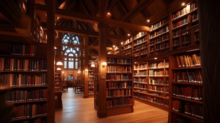 Obraz premium Traditional library hall with cozy reading areas, tall wooden bookshelves, and warm lighting. A peaceful space for study.
