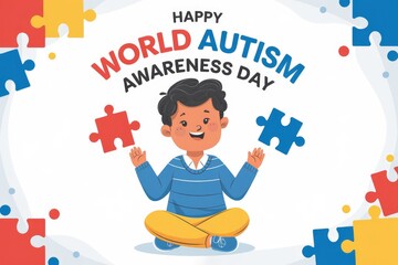 Happy World Autism Awareness Day! A child joyfully plays with puzzle pieces, symbolizing unity and understanding.