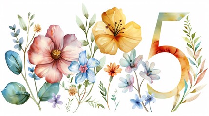 Elegant Number 5 with Watercolor Wild Flowers Hand Painting
