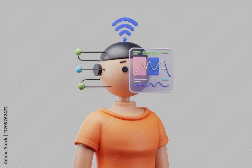 Poster A 3D cartoon character connected to data streams, visualizing information through a digital interface.