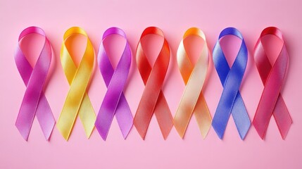 Different colorful awareness ribbons on pink background. World Cancer Day.