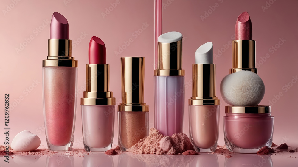 Poster different types of cosmetics arranged neatly on a soft pink surface with a delicate sheen