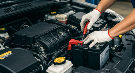 Mechanic repairs car battery