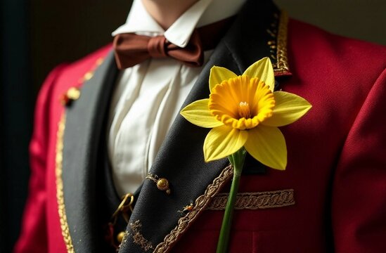 Traditional Welsh cloth with a yellow daffodil flower for Saint David's Day celebration in Wales on the first of March. AI generated image