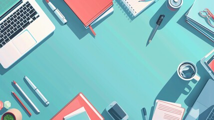Modern Office Desk Top View with Blue Line Background in Cartoon Style
