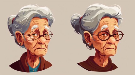 Elegant Senior Woman Portrait Illustration for Avatar in Cartoon Style