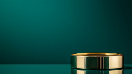 A polished gold podium with a dark green background, creating empty space for showcasing products.