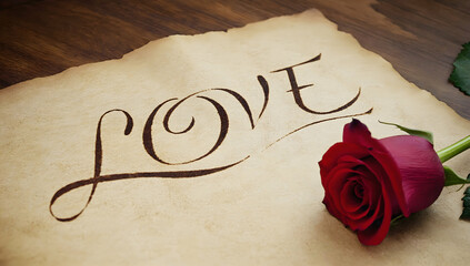 Vintage red rose resting on aged paper, elegant calligraphy spelling love near delicate flower petals, symbolizing romantic sentiment