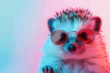A charming hedgehog in sunglasses, set against a pastel backdrop for an editorial.blank templated, rule of thirds, space for text, isolated white background neon light, extreme right, rule of third