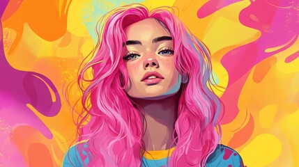 Obraz premium anime portrait of girl with pink hair, cheerful and vibrant, bright background, hand-drawn and detailed, inviting atmosphere