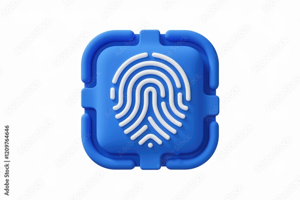 Poster A 3D rendered blue square button featuring a white fingerprint icon, symbolizing biometric security and access.