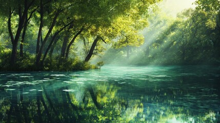 Fototapeta premium Tranquil Forest River Scene With Sunlight Filtering Through Trees