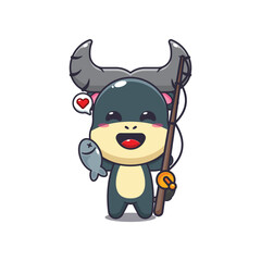 buffalo mascot cartoon character vector illustration catching fish with fishing rod.