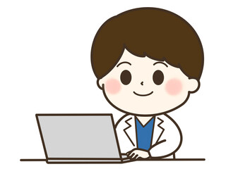 パソコンを使う白衣の男性のゆるかわイラスト