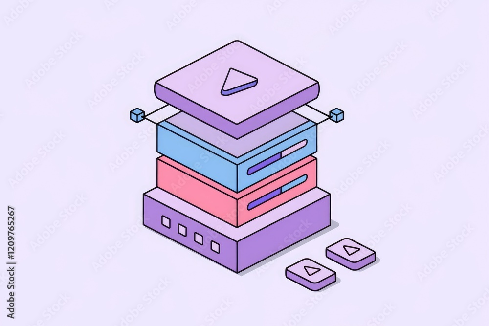 Poster Isometric illustration of a layered data structure with play button, suggesting video data storage or processing.