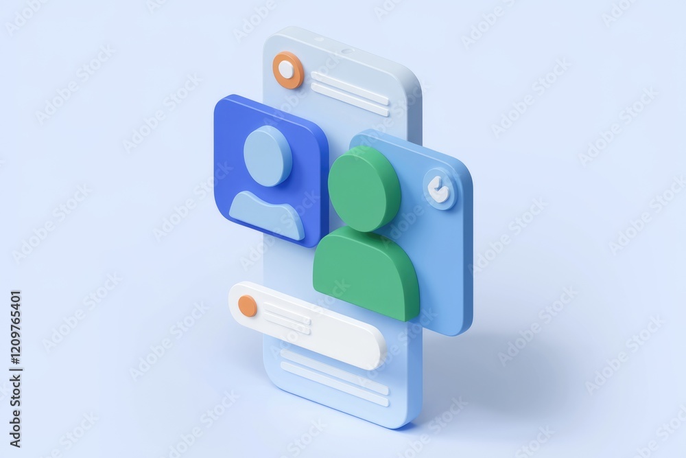 Poster 3D illustration of a smartphone displaying user profiles and interface elements.