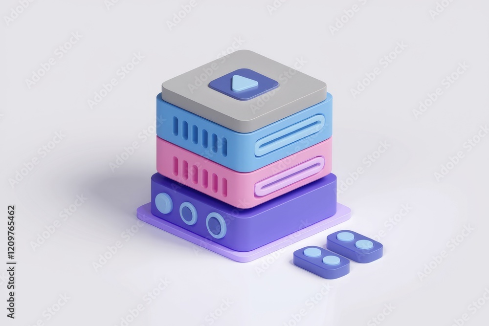 Aufkleber A 3D rendering of a stacked server with a play button, symbolizing video streaming infrastructure.