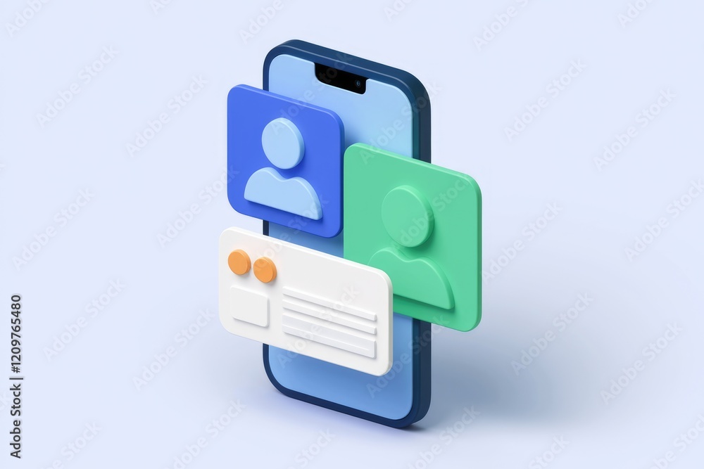 Poster 3D illustration of a smartphone displaying user profiles and interface elements.