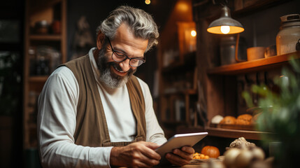 Happy man using tablet in cozy kitchen, surrounded by fresh ingredients and baked goods. His joyful expression reflects love for cooking and technology