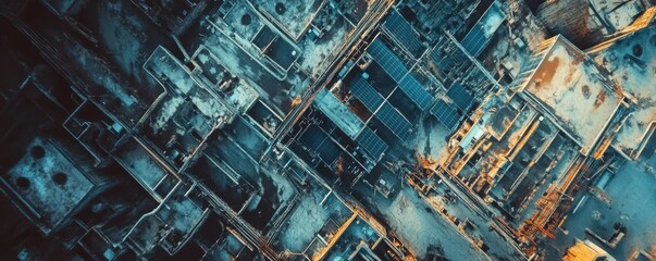 Aerial view of a modern solar power farm, renewable energy concept.