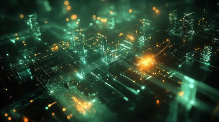 Abstract Digital Interface with Interconnected Circuits and Lights
