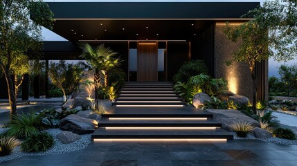Modern house entrance, tropical garden, night lighting, luxury home