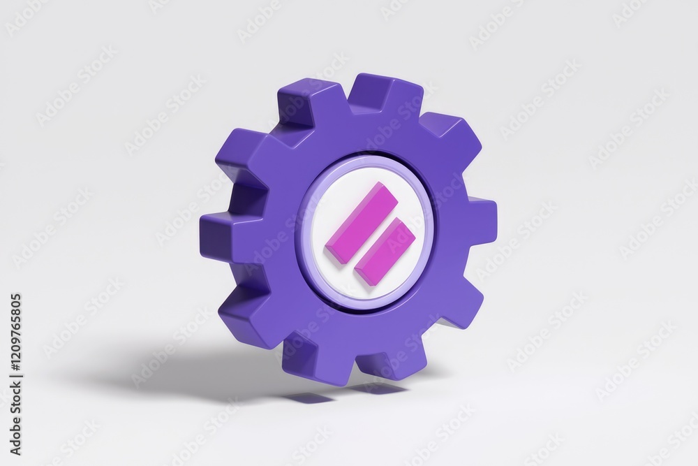 Aufkleber a 3d render of a purple gear with a pink logo, symbolizing automation and workflow efficiency.