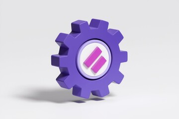 A 3D render of a purple gear with a pink logo, symbolizing automation and workflow efficiency.