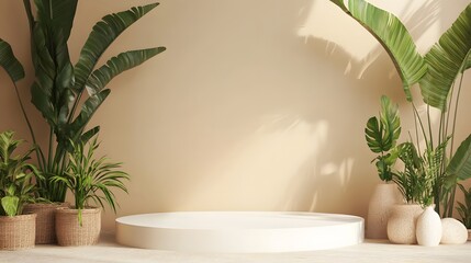 A simple white podium on a muted earth-tone background, with space for product placement.