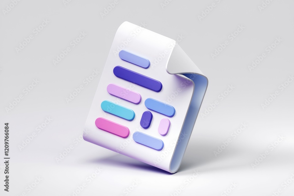 Aufkleber A 3D rendering of a document icon with colorful blocks representing data or content.