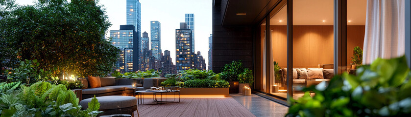Ai generate stunning rooftop garden spaces in urban settings modern architecture nighttime view