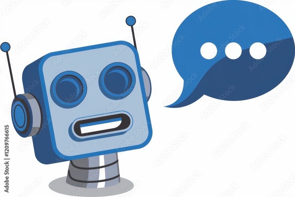 Poster a friendly blue robot with a speech bubble, ready to communicate and assist.