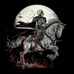 A detailed illustration of a skeleton riding a horse, wielding a sword and draped in a flowing cloak. The gothic style emphasizes its eerie and medieval fantasy theme.