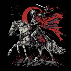 A detailed illustration of a skeleton riding a horse, wielding a sword and draped in a flowing cloak. The gothic style emphasizes its eerie and medieval fantasy theme.