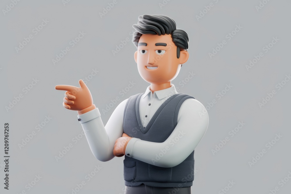 Poster a 3d-rendered cartoon businessman points to the side, conveying a presentation or explanation.