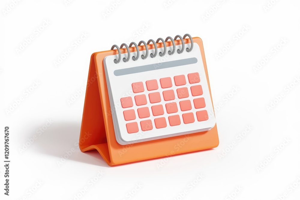 Poster a 3d rendered orange desk calendar with a spiral bound, showing a monthly view.