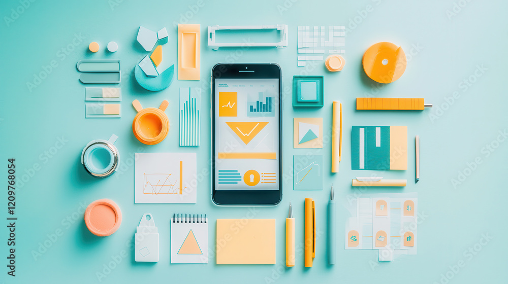 Poster flat lay of colorful office supplies and smartphone displaying graphs and charts, symbolizing creati