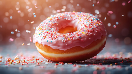 Delicious pink frosted doughnut with colorful sprinkles, surrounded by festive confetti, creating joyful atmosphere. Perfect for celebrations and sweet treats